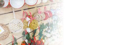 Banner Various decorations and souvenirs on christmas market with copy space and empty place for...