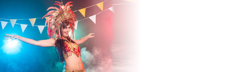 Banner Holidays, party cabaret, dance and nightlife concept - Beautiful woman dressed for carnival night copy spaceの写真素材