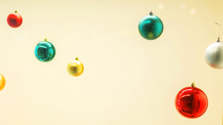 Banner Christmas balls decoration in shopping mall - holidays and xmas decorating conceptの写真素材