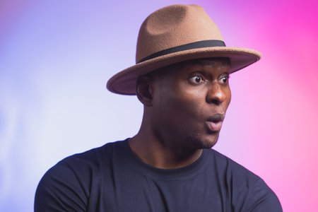 Excited diversity male african american exclaims in happiness expect to receive pleasant surprise...