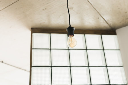 vintage light bulb hanging from ceiling in living room