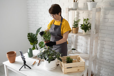 Female blogger sits in front of smartphone camera on tripod records instructional tutorial video for her blog shoots process of replanting flowers and green plantsの写真素材