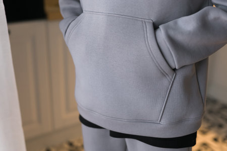 Close up of detail sweatshirt or hoodie - fabric and tailoring clothes design conceptの写真素材