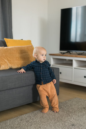 Toddler boy laughing having fun standing near sofa in living room at home. Adorable baby making first steps alone. Happy childhood and child care conceptの写真素材