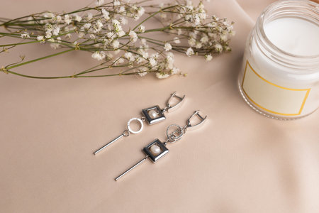 Earrings made of natural stones pearl. Natural mineral texture jewellery. Bijouterie and handmade...