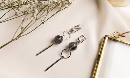 Elegant jewelry set of silver earrings with gem. Jewelry set minimalist style. Handmade bijouterie...