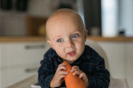 Little boy in a blue t-shirt sitting in a childs chair eating carrot - baby care and infant child feeding conceptの写真素材