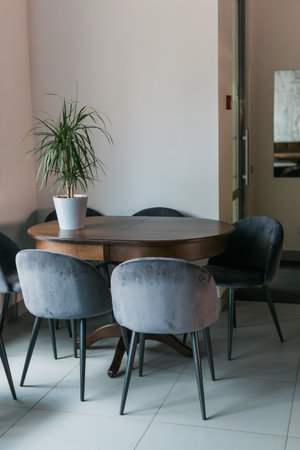 Grey chairs at wooden table and green plant in pot in minimalist cafe interior with poster and...