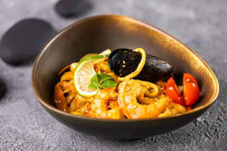 Udon stir-fry noodles with mussels and shrimp. Asian cuisineの写真素材