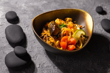 Udon stir-fry noodles with mussels and shrimp. Asian cuisineの写真素材