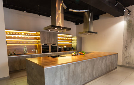 Modern minimalism style kitchen in new luxury home and cabinets and stainless steel appliances