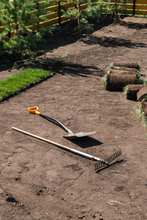 Laying sod for new garden lawn - turf laying conceptの写真素材