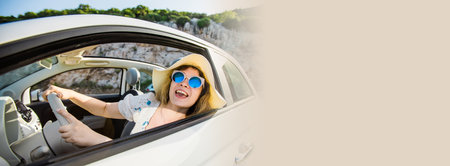 Banner smiling woman wearing hat and sunglasses enjoying her summer road trip in cabrio car copy...
