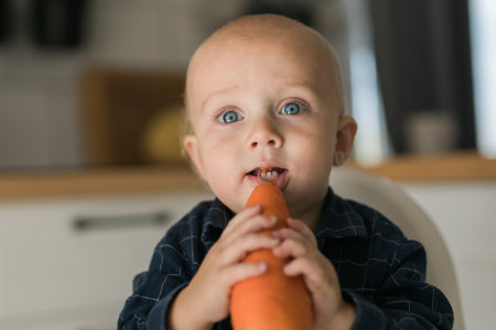 Happy baby sitting in high chair eating carrot in kitchen. Healthy nutrition for kids. Bio carrot as first solid food for infant. Children eat vegetables. Little boy biting raw vegetableの写真素材
