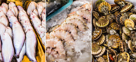 Banner fresh seafood such fish and shrimp shellfish beautifully arranged on ice - cuisine and food travel conceptの写真素材