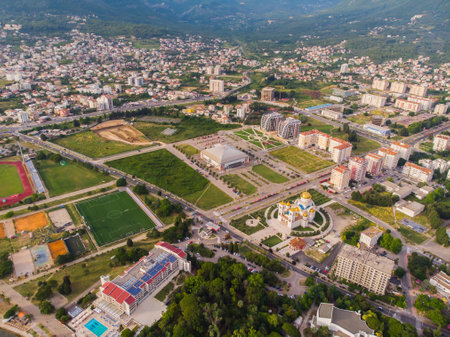 Town of Bar in Montenegro in summer. Church of Saint Jovan Vladimir aerial viewの写真素材