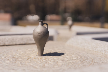 YEREVAN. ARMENIA. 29 MARCH 2022 : Beautiful perspective view of new park dedicated to the 2800 th anniversary of the founding of Yerevan with drink water fountain in jug shape on foreground copy spaceのeditorial素材