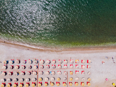 Aerial photographs. View from flying drone. Birds-eye view of beach in Montenegro. Top viewの写真素材