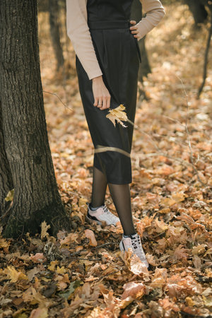Woman holds yellow bouquet of dry autumn leaf close-up in hand in fall season and nature conceptの写真素材