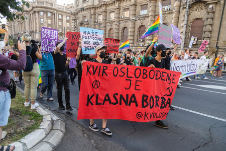 BELGRADE, SERBIA - SEPTEMBER 09, 2023: EuroPride. LGBT oriented people take part in Gay Pride Parade in Belgrade, Serbia. Gay, lesbians, trans, hetero people in LGBT Pride Paradeのeditorial素材