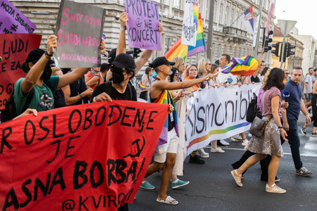 BELGRADE, SERBIA - SEPTEMBER 09, 2023: EuroPride. LGBT oriented people take part in Gay Pride Parade in Belgrade, Serbia. Gay, lesbians, trans, hetero people in LGBT Pride Paradeのeditorial素材
