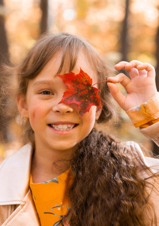 Close portrait of a little girl. She covers her eye with a maple autumn leaf. Fall season and children concept.の写真素材