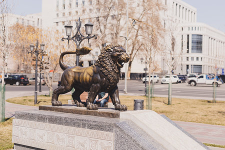 YEREVAN. ARMENIA. 29 MARCH 2022 : Bronze lion statue in the center of Yerevan cityのeditorial素材