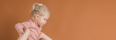 Banner copy space deaf child girl with cochlear implant studying to hear sounds and have fun -...