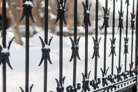 Elements of ornamental ornament in a metal forged fence are covered with snow in winter seasonの写真素材