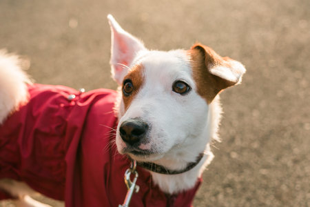 Close up portrait of cute Jack Russell dog in suit walking in autumn park. Puppy pet is dressed in sweater walksの写真素材