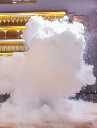 Smoke vapor dry ice in bowl in kitchen