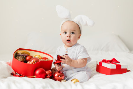 Christmas Baby, Child holding christmas bauble near Present Gift Box over Holiday Lights backgroundの写真素材
