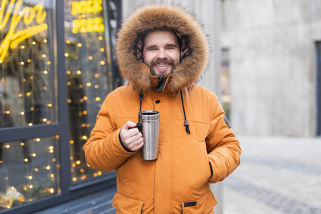 Close-up portrait handsome bearded millennial man in winter clothes and with thermos snow in city...