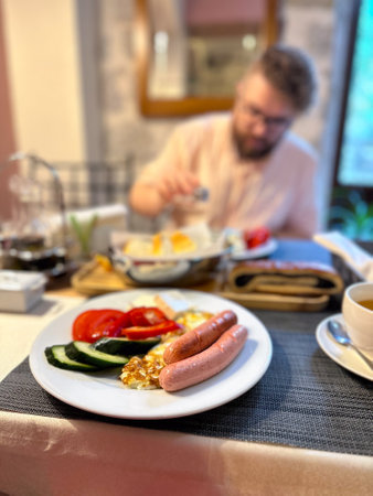 hearty breakfast is beautifully arranged on a plate, featuring sausages, fried eggs, and fresh vegetables. in the background, a person prepares to enjoy this appetizing meal, highlighting a cozy diningの写真素材