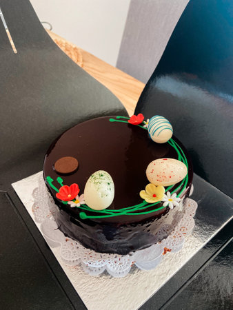 Decorated chocolate cake sits on a table, adorned with colorful eggs and floral designs. Spring cake...