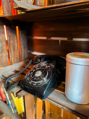 Vintage rotary phone sits on a rustic wooden shelf, accompanied by a simple metal tin. this image captures a sense of nostalgia and timeless charm, evoking memories of past erasの写真素材