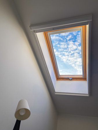 Clear sky view through a skylight reveals a vibrant array of clouds, offering a serene glimpse of outdoors. Wooden frame adds warmth and contrast to the bright blue skyの写真素材