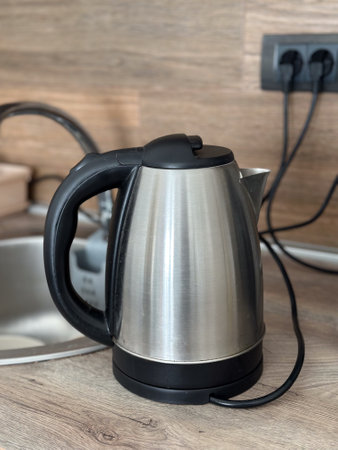 A stainless steel electric kettle placed on a wooden kitchen countertop. Modern kitchen appliance blends well with rustic wooden finishesの写真素材