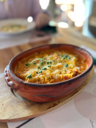 Baked pasta served in clay dish on wooden board. Conveys warmth, tradition, and the comfort of a hearty homemade-style meal in a cozy setting. Close-upの写真素材