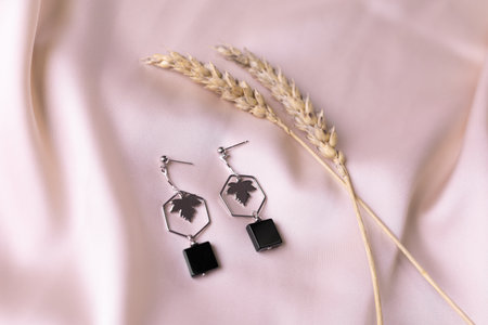 Female Jewelry. Vintage bijouterie jewelry handmade. Flat lay, top view copy space and empty space for textの写真素材