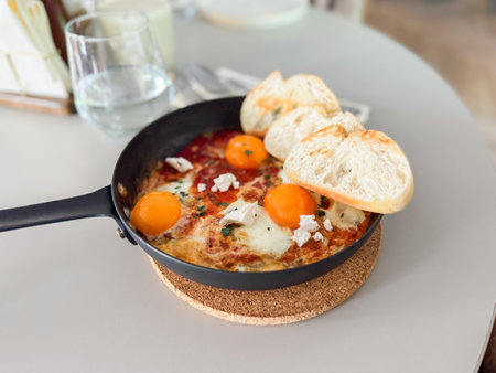 Shakshuka served hot in pan with bread slices. Comfort food, modern brunch and urban culinary styleの写真素材