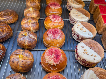 Colorful pastries with chocolate, cream and fruit toppings. Stop diet and contemporary dessert artの写真素材