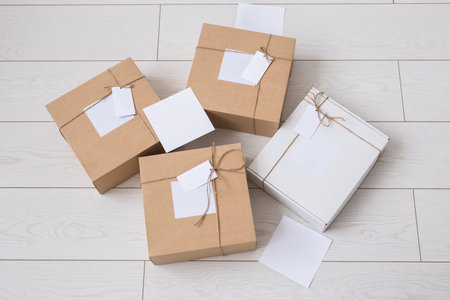 Many boxes with space for advertisement delivered from online store. Internet shopping and delivery...