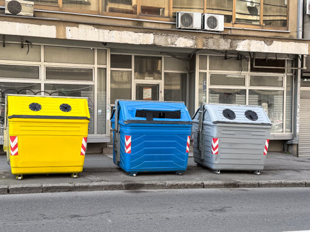 Colorful recycling bins on city sidewalk. Yellow, blue, and gray containers for waste separation in front of building facade.の写真素材