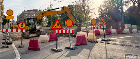 Banner urban construction site with excavator and warning signs during street repairs. Urban...