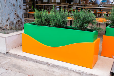 Colorful planter with herbs near outdoor cafe seating. Urban gardening, decorative design, and sustainable city landscaping.の写真素材
