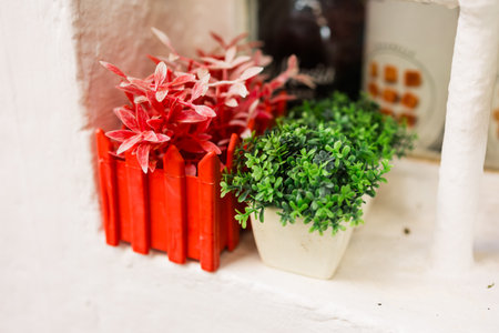 Colorful red and green decorative planters arrangement on white windowsill.の写真素材