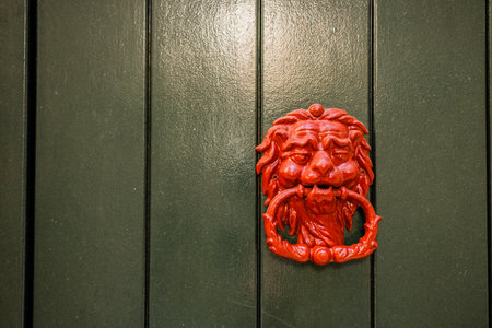 Lion-shaped door knocker on wooden panel with vintage texture copy space. Summer travel, architectural detail, and historic elegance of Mediterranean craftsmanship.の写真素材