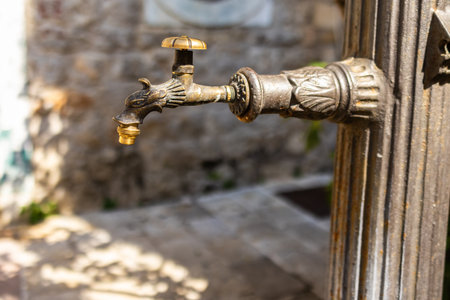Close-up of ornate bronze water tap. Vintage craftsmanship, historical design, and functional detail.の写真素材