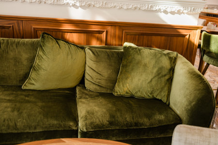 Green velvet sofa in classic interior setting. Soft upholstery and wood-paneled wall create a refined, cozy atmosphere for stylish relaxation.の写真素材